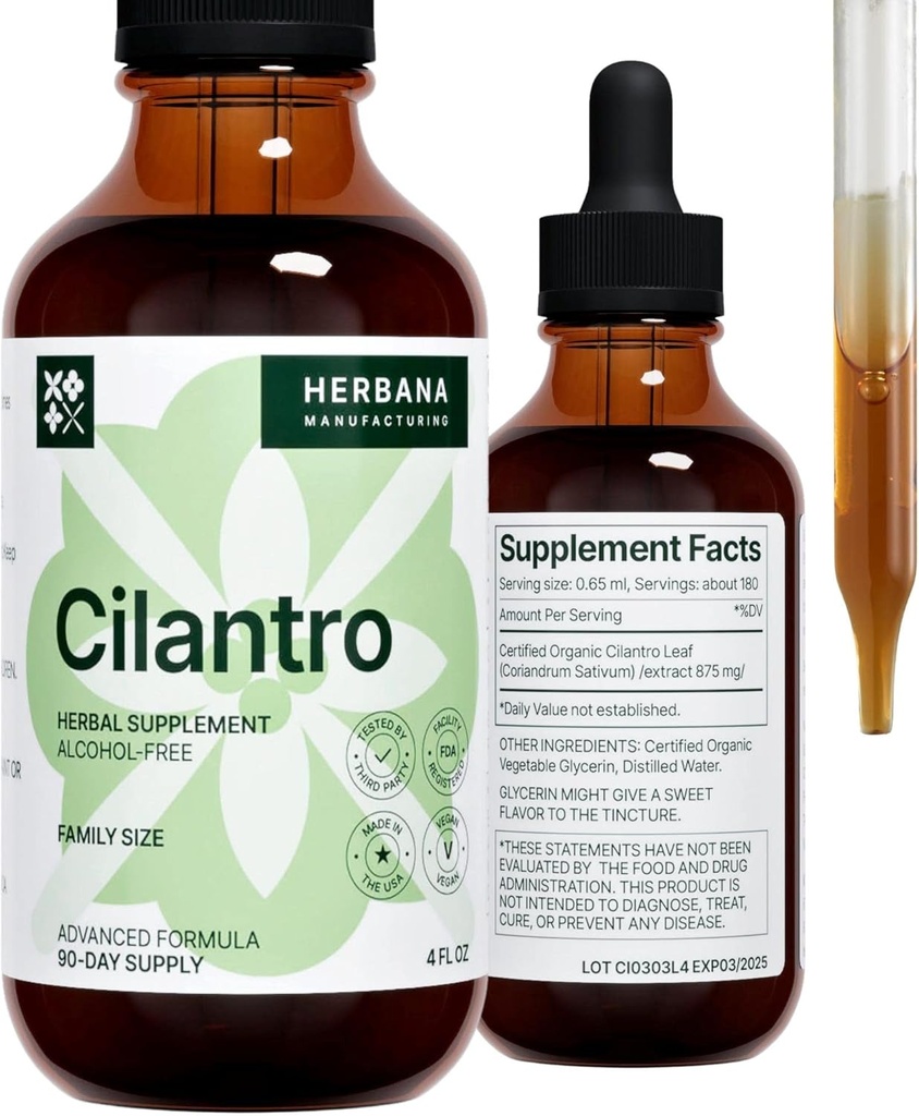 Cilantro Leaf 4 fl oz Liquid Extract - Organic Coriandrum Sativum Drops for Body Cleansing & Detox - Natural Calming Herbal Tinctuur Supplement for Nervery System - High Potency - 90-Day Supply