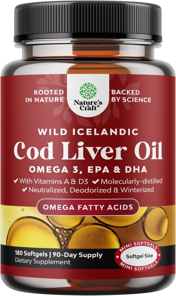 Icelandic Cod Liver Oil Softgels - Wild Caught Omega 3 Fish Oil 1000mg per serving - Sustainably Sourced Burpless Fish Supplement with Vitamin D3 & A for Heart Joint Brain & Immune Support - 180 Count