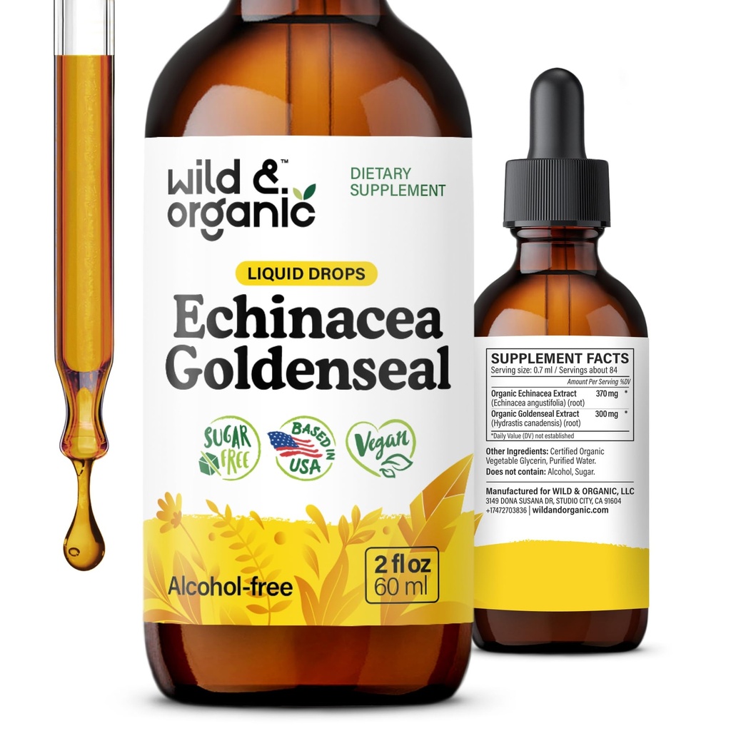 Wild & Organic Echinacea Goldenseal Liquid Drops - Immune Support Supplement w/Goldenseal Echinacea Root Extract - Vegan, Sugar & Alcoholvrije Tinctuur - 2 fl oz