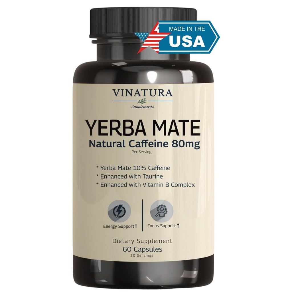 Yerba Mate 1400mg - Magic Natural Cafeine & Energy Supplements *USA Made & Tested* High Potency Enhanced with Taurine and Vitamine B Complex - 60 Capsules
