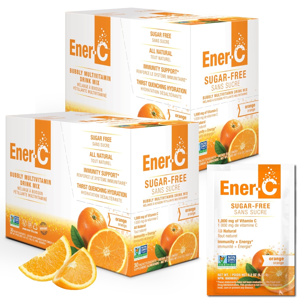 Ener-C Sugar Free Multivitamin Drink Mix - Vitamin Powder for Water, Electrolytes Powder No Sugar, Hydration Boost Packets, Zero Sugar, Vitamin C & B12 Supplement Liquid Mix - Orange, 60 Count
