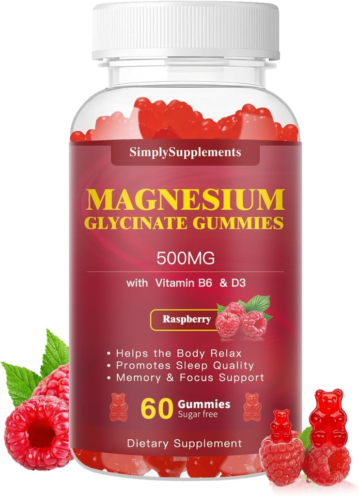Magnesium Glycinate Gummies 500mg, Kauwbare Magnesium Supplement met vitamine D3, B6, CoQ10, voor ontspanning, Slaap & Mood Ondersteuning, Kalmeer Magnesium Gummies - 60 Raspberry Gummies