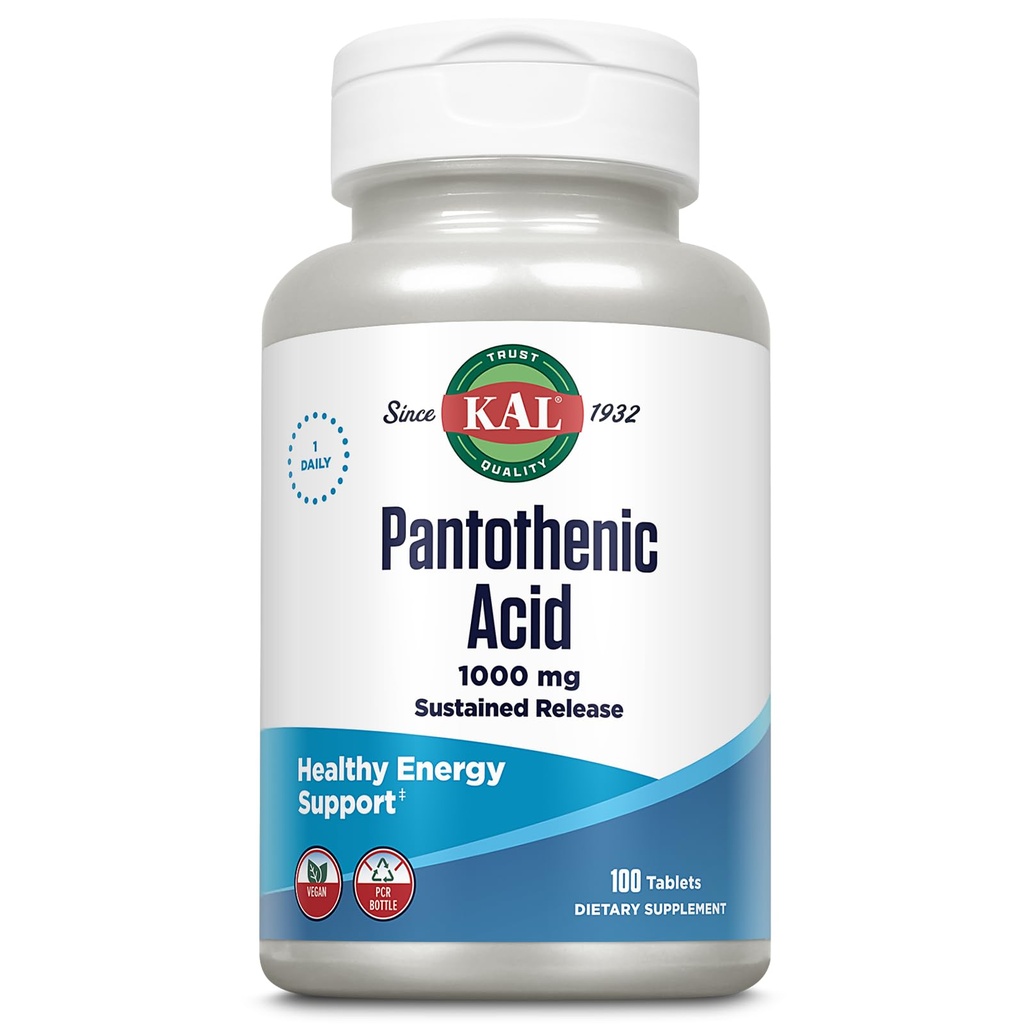 KAL Pantothenic Acid 1000mg Supplement for Men & Women - Vitamin B5 1000 mg, Supports Cellular Energy Metabolism, Nerve Function, Sustained Release, Vegan - 100 Tablets