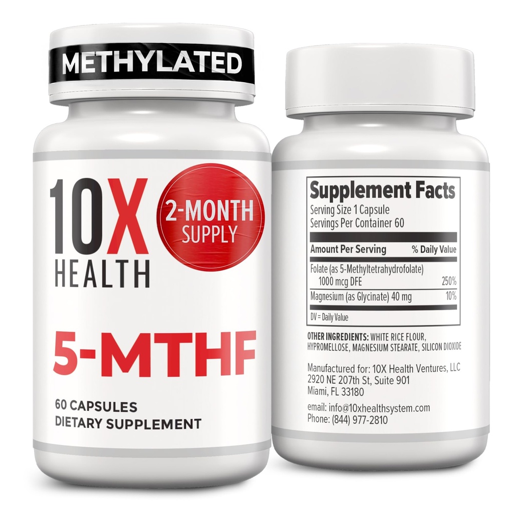 10X Health 5-MTHF Methylfolaat - Methylfolaat & Magnesium voor hersenen, hartgezondheid, DNA en Neurotransmitter Synthese - Bio available Methylfolaatsupplement - Methylfolaatsupplement 60 capsules