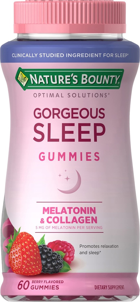 Nature's Bounty Optimal Solutions Prachtige slaap Melatonine 5mg Gummies met collageen, 60 Telling, diverse fruitsmaken, 30 Total Servings