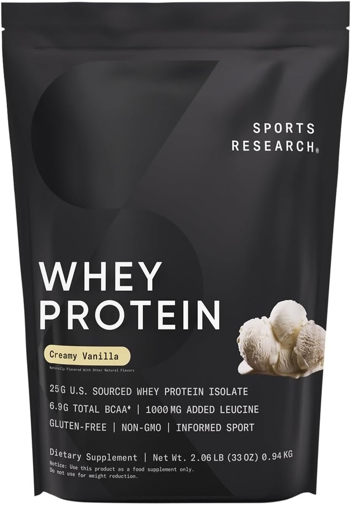 Sport Onderzoek Wei Proteïne Isolaat - Sport Voeding Proteïne Poeder 25g per portie - 2.1lb Bag Wei Proteïne - Vanille Smaak - Bulk Proteïne Poeder, 26 Servers