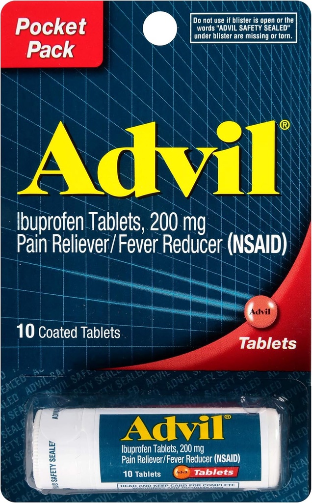 Advil Coated Tablets Pijnstiller en koortsreducer, Ibuprofen 200mg, 12 x 10 Telling, Reisgrootte fles