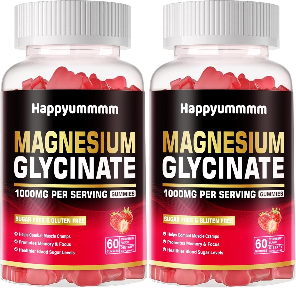 Magnesium Glycinate Gummies 1000mg - Sugar Free Magnesium Potassium Supplement with Vitamin D, B6, CoQ10 for Calm Mood & Sleep Support - 120 Strawberry Gummies