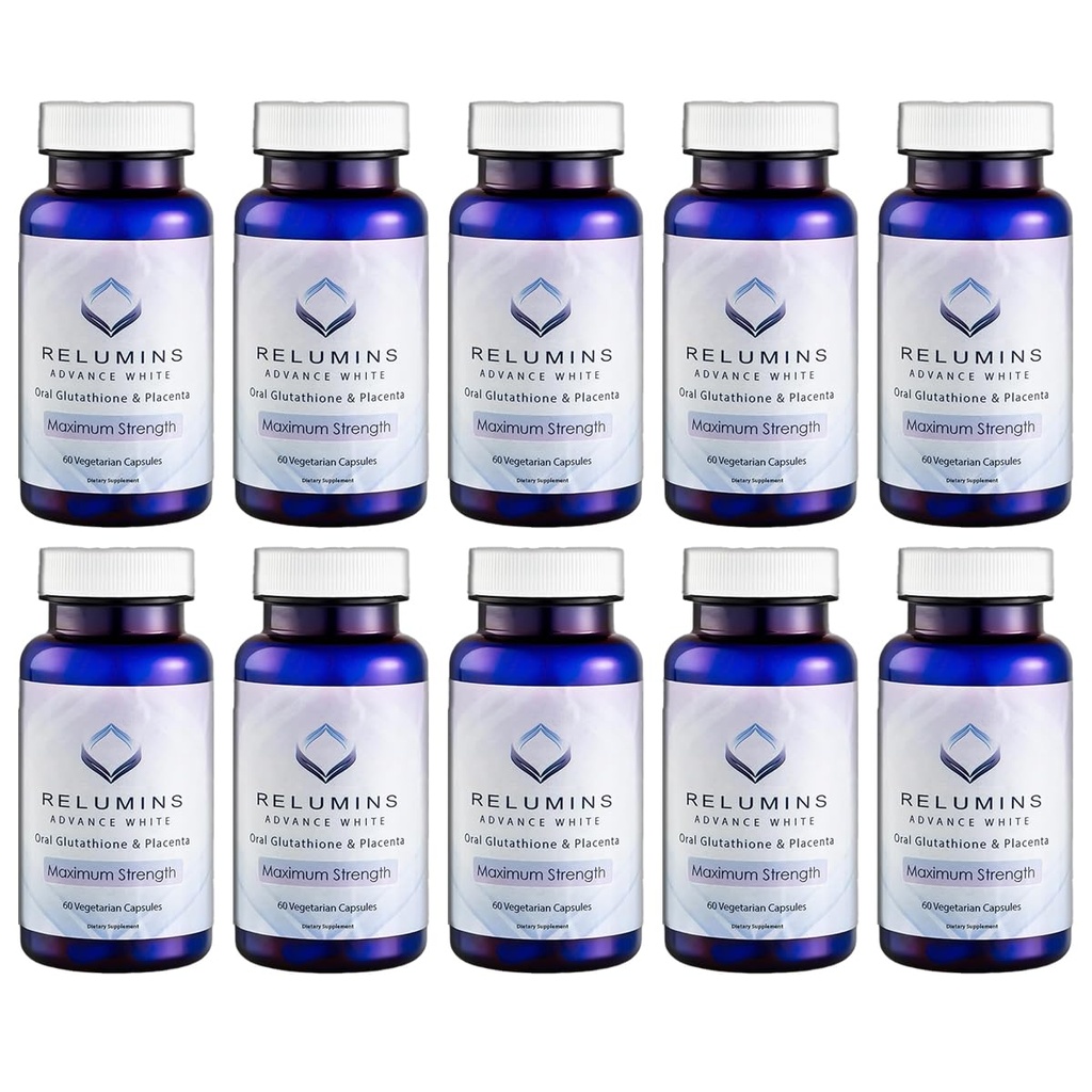 Relumins Advanced White Glutathion Capsules - Max Strength Brightening Supplement met ALA, Placenta, Rose HIPS & Vitamine C - Bestrijdt oxidatieve stress, ondersteunt Collageen & Made in USA - 10 flessen