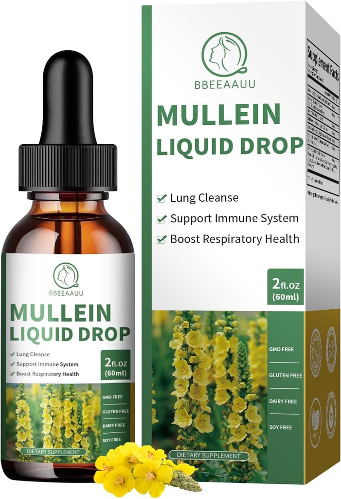 Mullein Drops for Longs, 16-in-1 Mullein Leaf Extract for Lung Cleanse, Respiratory, Immunity, with Quercetin, Marshmallow, Black Cumin Seed, Elderberry, Mullein Liquid, Non-GMO, 2 Fl Oz