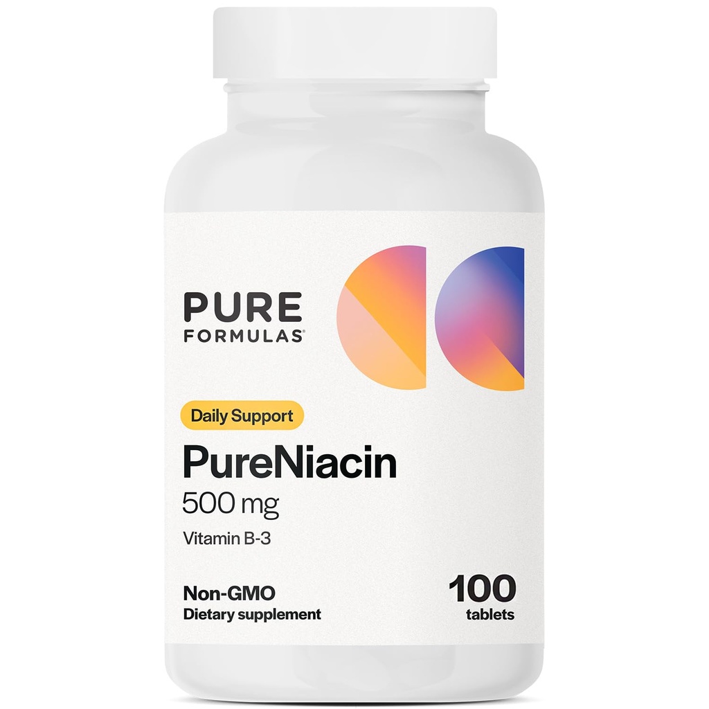 PureFormulas Pure Niacin - Vitamine B3, 500 mg Onmiddellijke afgifte Niacin 500 mg - Nicotinezuur 100 tabletten - Non-GMO B3 Vitaminen Niacin supplement
