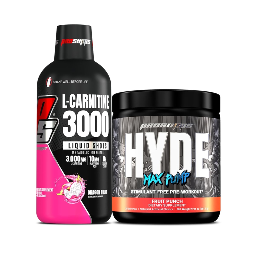 PROSUPPS L-Carnitine 3000 Stimulerende Gratis Liquid Shots (Dragon Fruit) en Hyde Max Pump Pre-workout voor mannen en vrouwen (Fruit Punch) bundel