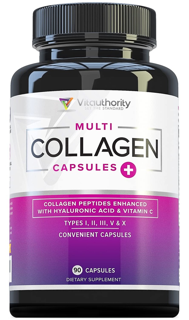 Multi Collagen Peptides Capsules for Women - Hydrolyzed Collagen for Women Pills with Types I II III V & X Plus Vitamin C & Hyaluronic Acid for Beautiful Hair Skin and Nails - 30 Servings