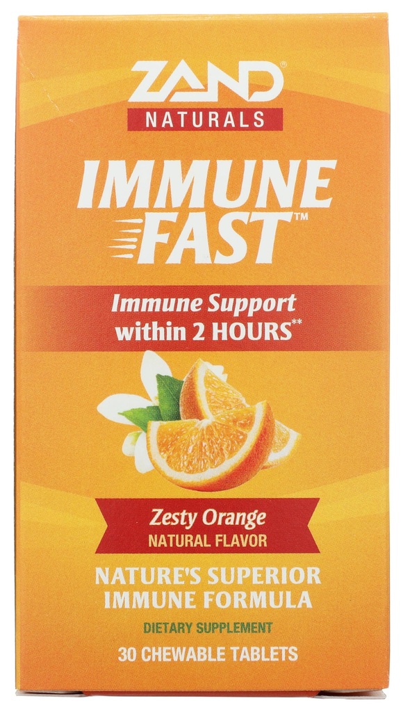Zand Immune Fast Zesty Orange Kauwen Boosts Immune Response & Cell Activity w/EpiCor*, Echinacea, 30 Tablets, 10 Serv.