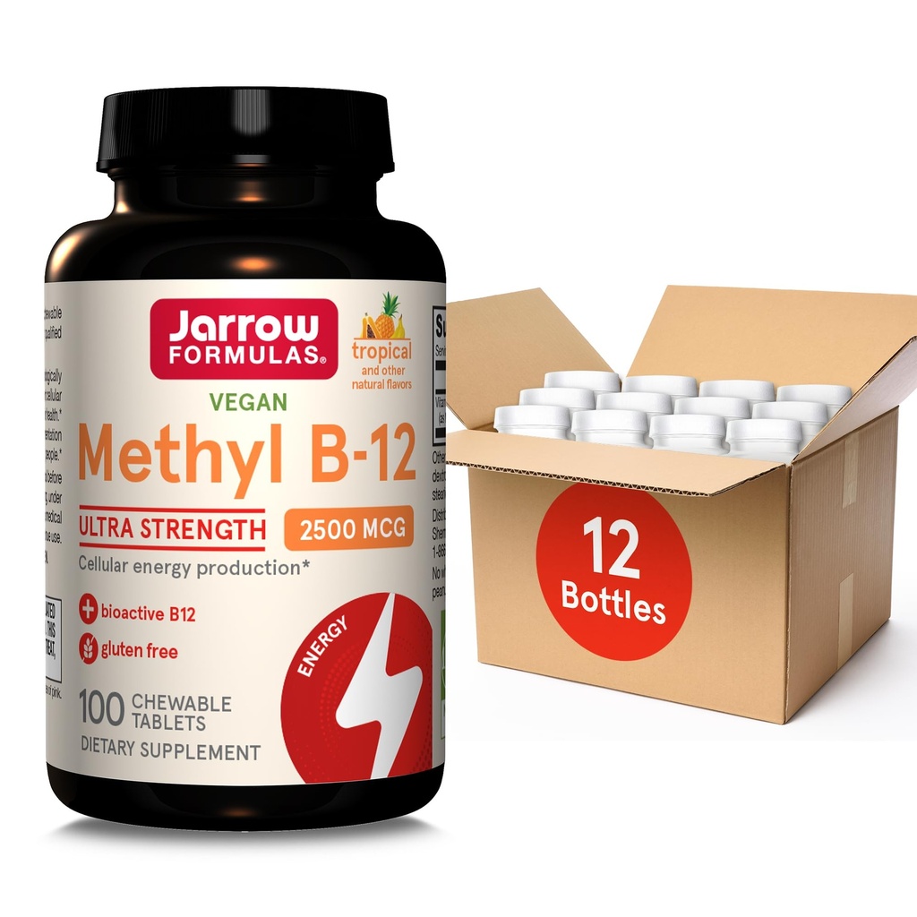 Jarrow Formules Ultra Strength Methyl B-12, Dieetsupplement voor Cellular Energy Production, 100 Tropical-Flavored Kauwtabletten, Tot een 100-daagse levering, Pack van 12