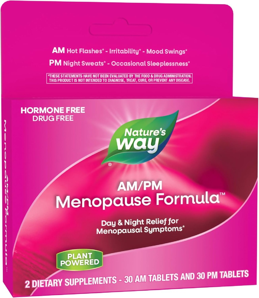 Nature's Way AM/PM Menopauze supplementen voor vrouwen, Hot Flash Relief*, Night Sweats*, Rustful Sleep*, Mood Swings*, Hormone-Free Formules met Black Cohosh, Theanine, Valeriaan, 60 Tablets