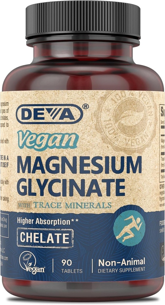 DEVA Vegan Magnesium Glycinate 300 mg per portie met Trace Minerals, Hogere Absorptie, Gecheld Magnesium, 90 tabletten
