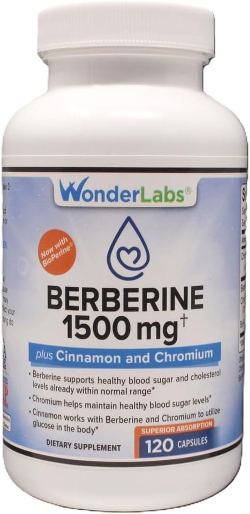 Wonder Laboratories Surperior Absorptie Berberine HCL 1.500mg + Kaneel, Chroom en BioPerine Onderhoud voor Glucose, Hart- en immuunsysteem Gezondheid Gluten en GGO-vrij - 120 Capsules