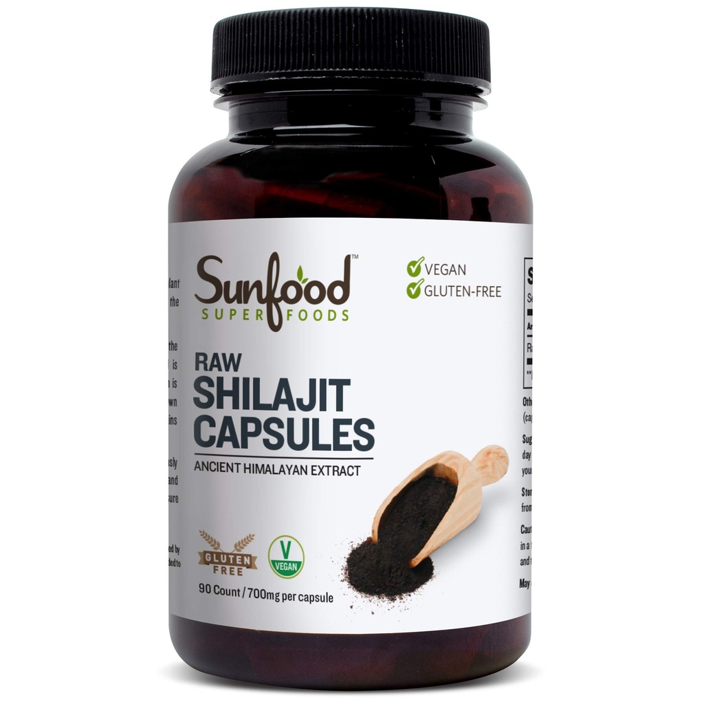 Sunfood Superfoods Shilajit Capsules - Pure Shilajit Resin voor vrouwen en mannen, Oude Himalaya Extract met Fulvinezuur, Mineralen, Shilajit Poeder Pillen - 90 Capsules