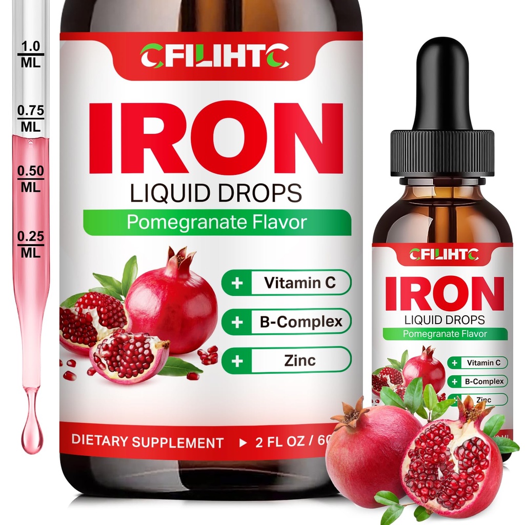 Liquid Iron Supplement for Women Men & Kids Multivitamine Iron Drops with Folaat, Vitamin C, B6, B12, Zink for Anemia, Iron Deficency, Blood Builder, Energy - Natural Granaatappel smaak, Vegan 2 Fl Oz