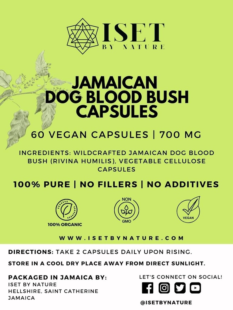 Iset By Nature Jamaican Dog Blood Bush Capsules 1400mg - Vruchtbaarheid Supplementen voor vrouwen ter ondersteuning van Hormone Balance & Conception, PCOS Relief with Organic Jamaican Dog Blood Herb - 60 Capsules, Vegan