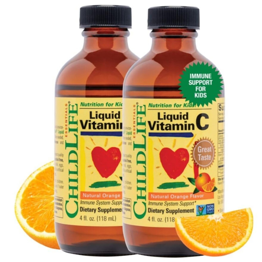 KINDLIFE ESSENTIËLES Vloeibare Vitamine C - Pure Vitamine C Liquid Supplement voor kinderen, Immuunsysteem Ondersteuning, Natuurlijke Oranje smaak, 4 Fl Oz (verpakking van 2)