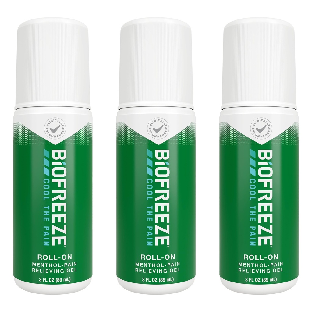 Biofreeze Roll On Pain Relief for Knee, Neck, Hip, Joint, Shoulder, & Simple Backache, Arthritis Pain Reliever, Sore Muscle Relief, Roll On Menthol Gel 3 Fl Oz (Pack of 3)