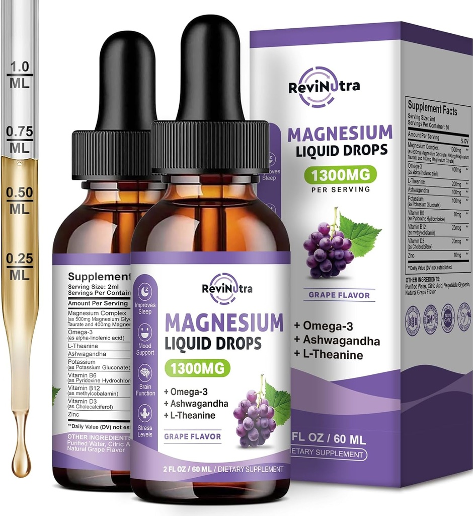 2 Pack Magnesium Liquid Drops, Calm Magnesium Glycinate Liquid Drops met Taurate & Citrate, Kalium, Omega3, L-Theanine, Ashwagandha, D3, B6, B12 voor Slaap, Spier, Hart, Suikervrije druivensmaak