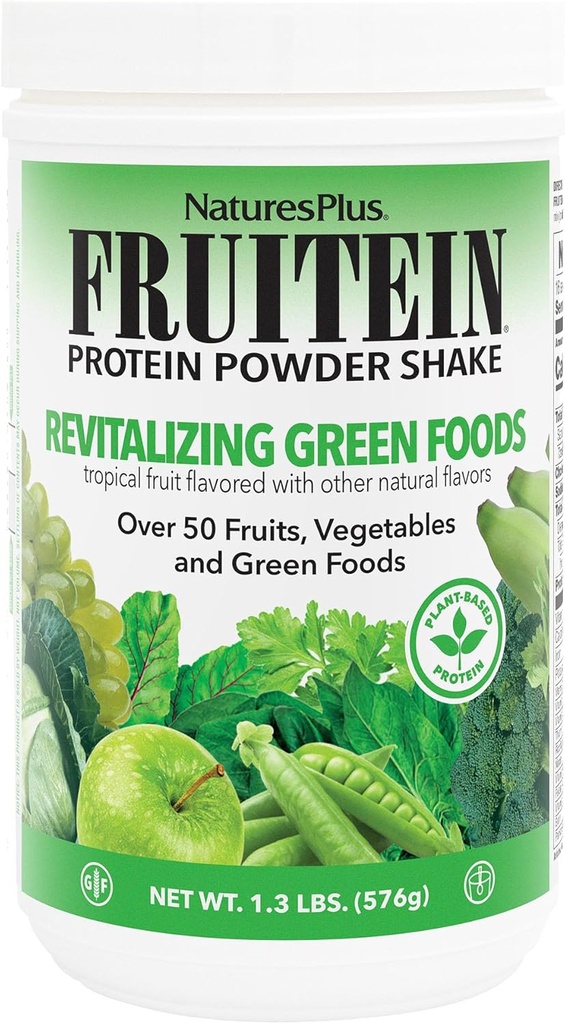 NaturesPlus FRUITEIN Revitaliseren Green Foods Shake - 1,3 lbs - Plant-based eiwit (13g/Serving) - Ondersteunt energie en immuunsysteem - Vegetarisch, Glutenvrij en niet-GMO - 16 porties