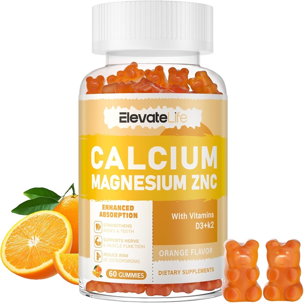 Calcium Magnesium Zink Gummies met Vitamine D3 & K2 - Hoge Potentie Verbeterde Absorptie -60 Oranje Gummies Gearomatiseerd