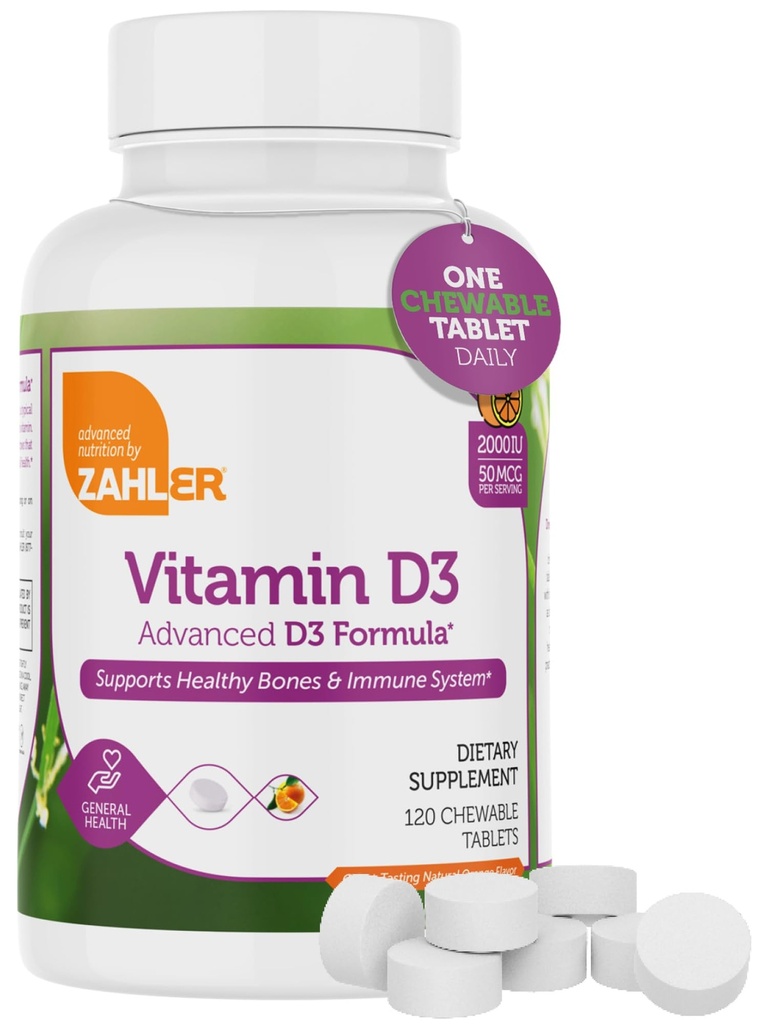 Zahler Vitamine D3 CHEWABLE 2000IU, een natuurlijke aanvulling gericht op vitamine D tekort, gecertificeerde Kosher, 120 Grote Proeverij Oranje smaak tabletten