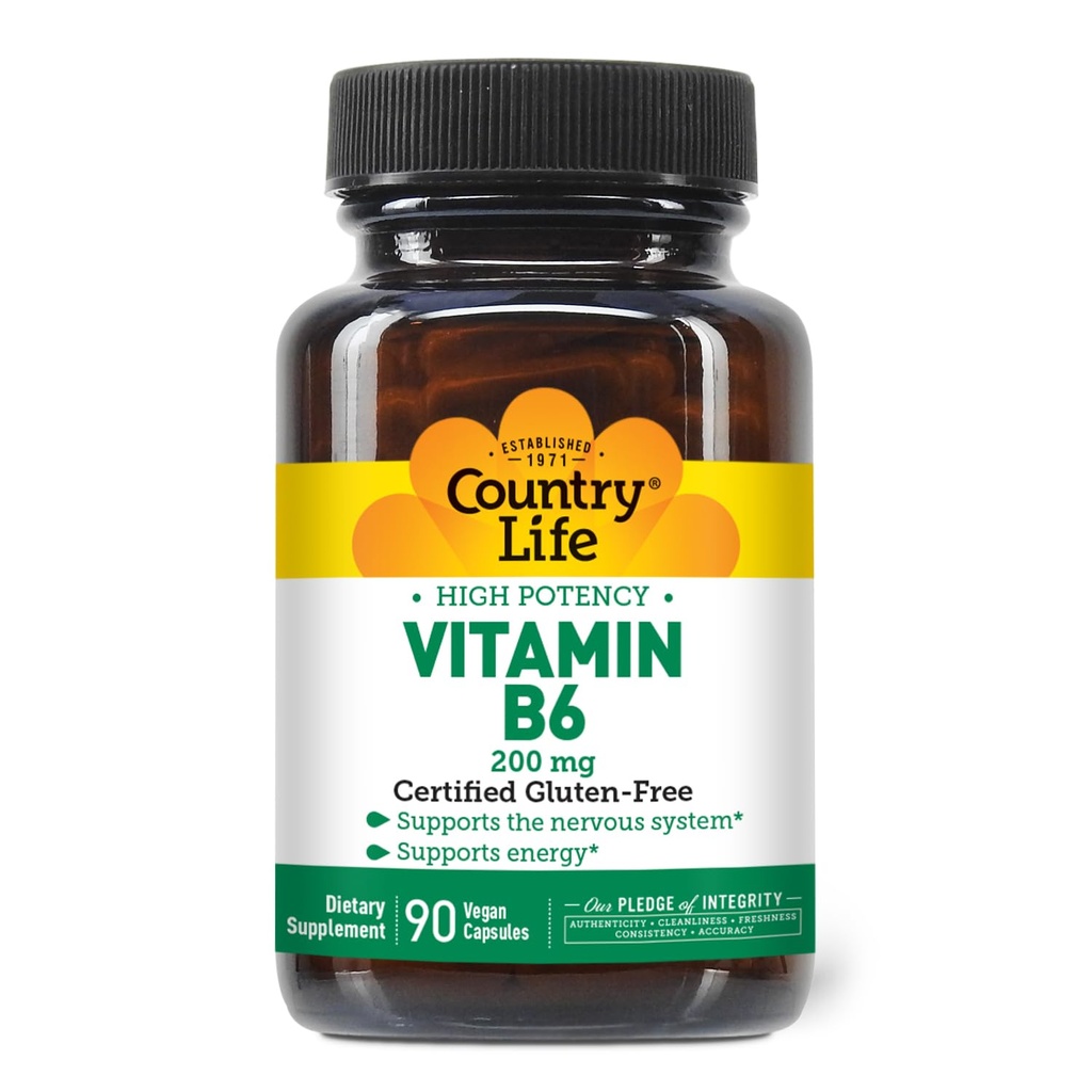 Country Life Vitamine B-6, Hoge Potentie, Ondersteunt Energie en het zenuwstelsel, 200mg, 90 Vegan Capsules, Gecertificeerde Gluten Vrij, Gecertificeerde Veganist...