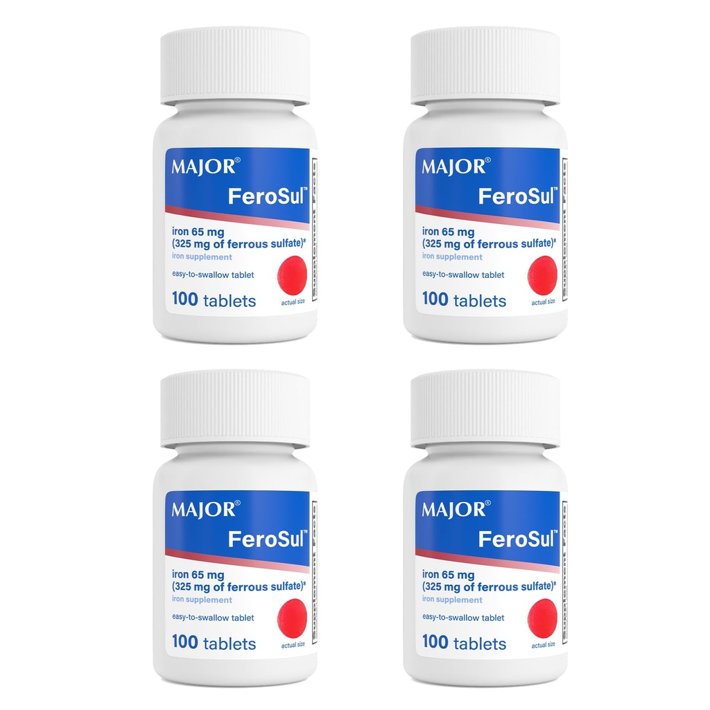 Major FeroSul - Ferrous Sulfate 325 mg tabletten - IJzersupplement voor vrouwen en mannen - Speciaal gecoate makkelijk doorslikken tabletten - rood - 100 aantal (4 verpakkingen)