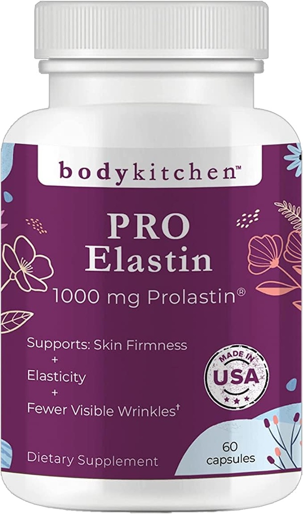 Body Kitchen Pro-Elastin, 1000 mg Elastin Supplement, Help Verminderen Tekenen van Veroudering, Verbeterde Huid Gezondheid, Stevigheid & Elasticiteit, Minder rimpels, Veggie Caps, (Pack of 1)