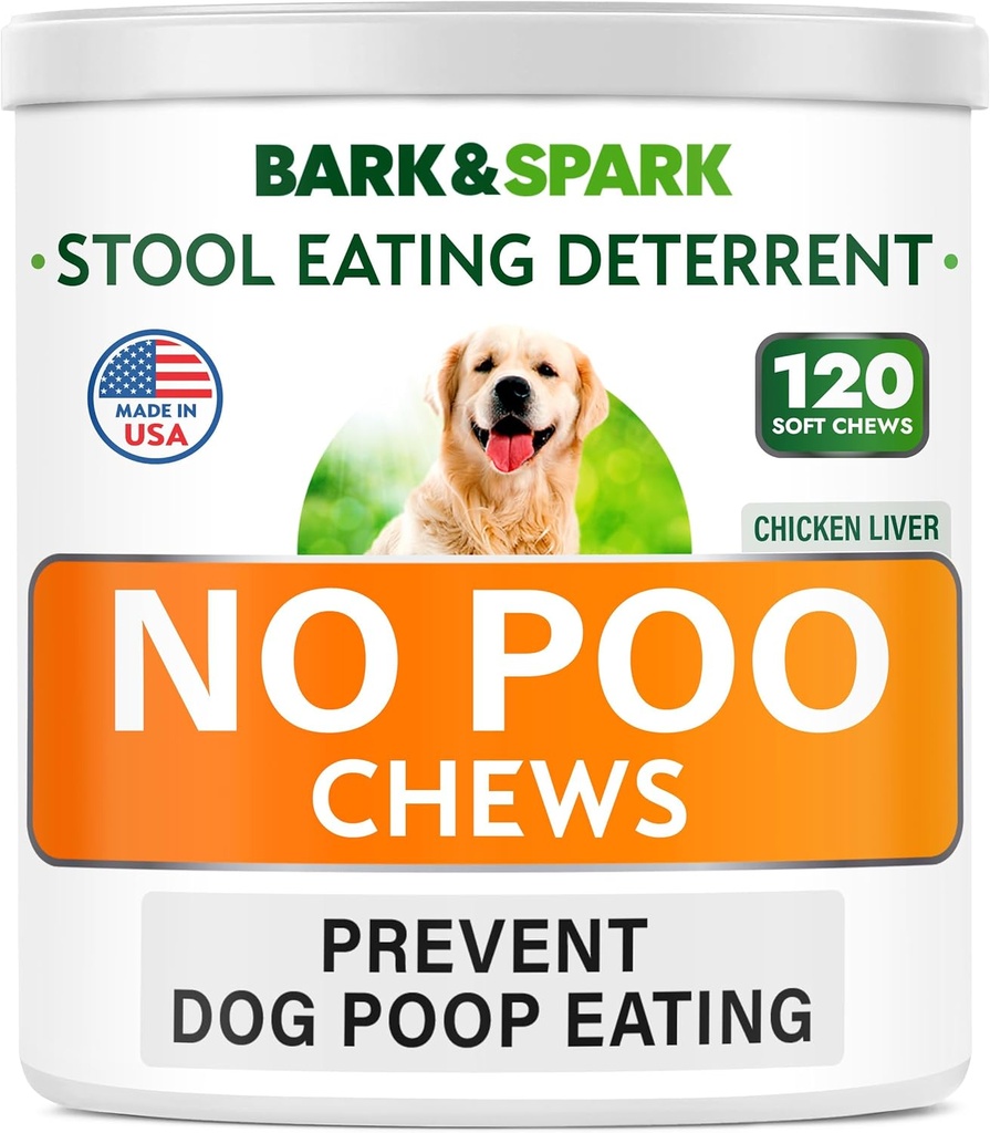 BARK&SPARK NO Poo Treats - Prevention Dog Poop Eating - Coprophagia Treatment - Stool Eating Deterrent - Probiotica & Enzymes - Digestieve gezondheid + ademhulp - 120 Zachte kauwgom - USA Made - Lever