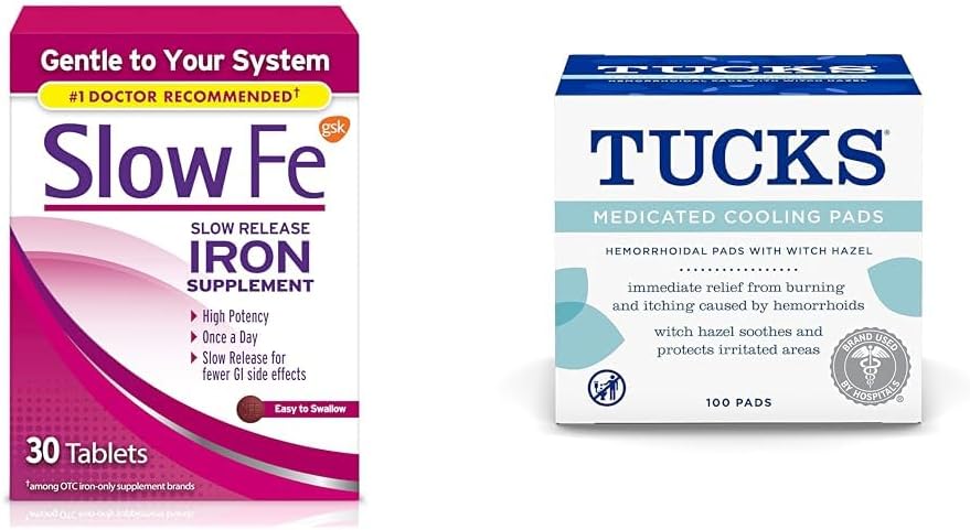 Slow Fe 45mg IJzersupplement voor ijzertekort Tabletten & Tucks Gemedicineerde koelpads voor aambeien, 100 Tel.
