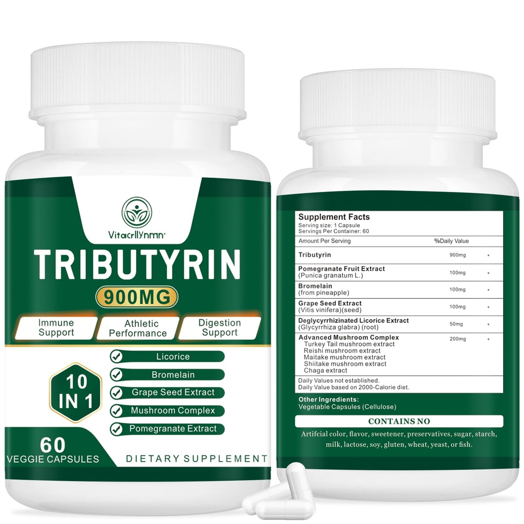 Tributyrine supplement - Butyrate Precursor voor Gut Barrier Ondersteuning, Leaky Gut Support, Digestie 60 Tel.