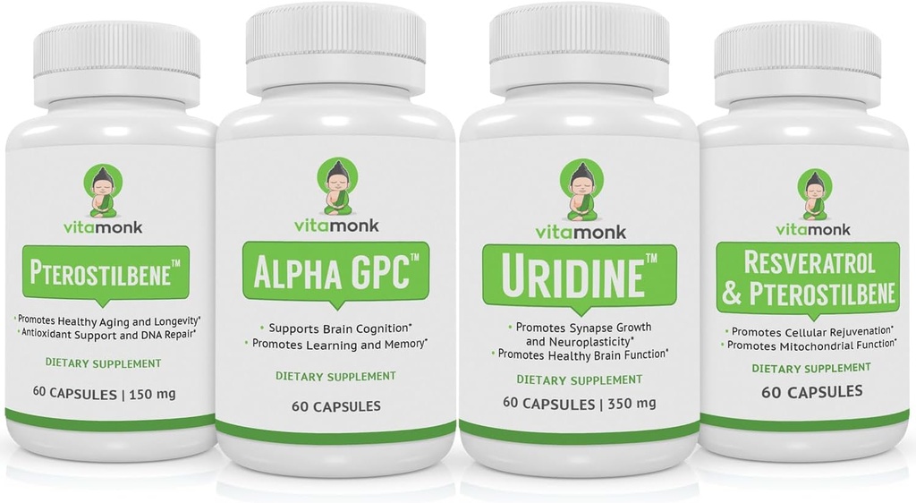 VitaMonk Resveratrol, Pterostilbene, Alpha GPC en Uridine Bundle - Longevity and Brain Boosting Stack