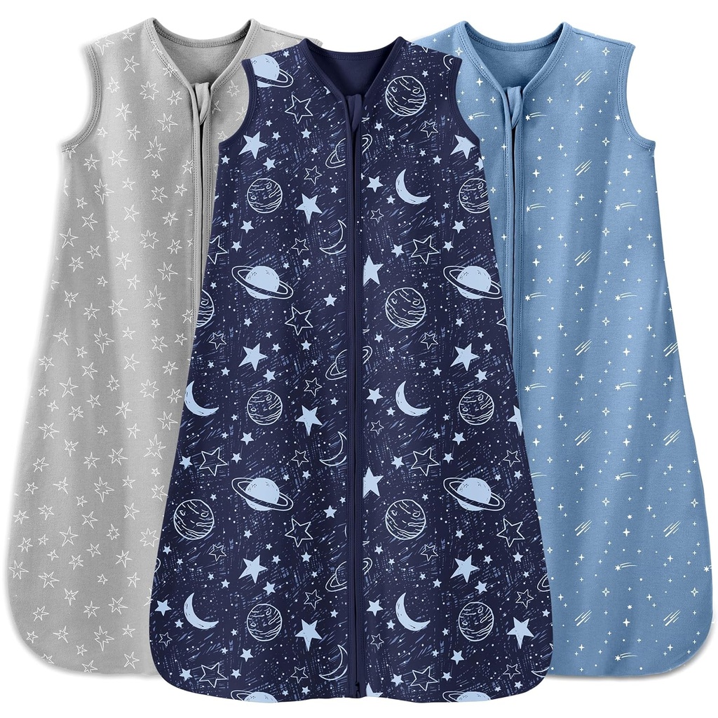 Baby Sleep Sack 12-18 Months 3 Pack 100% Cotton Lightweight 0.5 TOG Wearable Blanket Baby Sleep Bag with 2-Way Zipper for Infant Toddler Blue