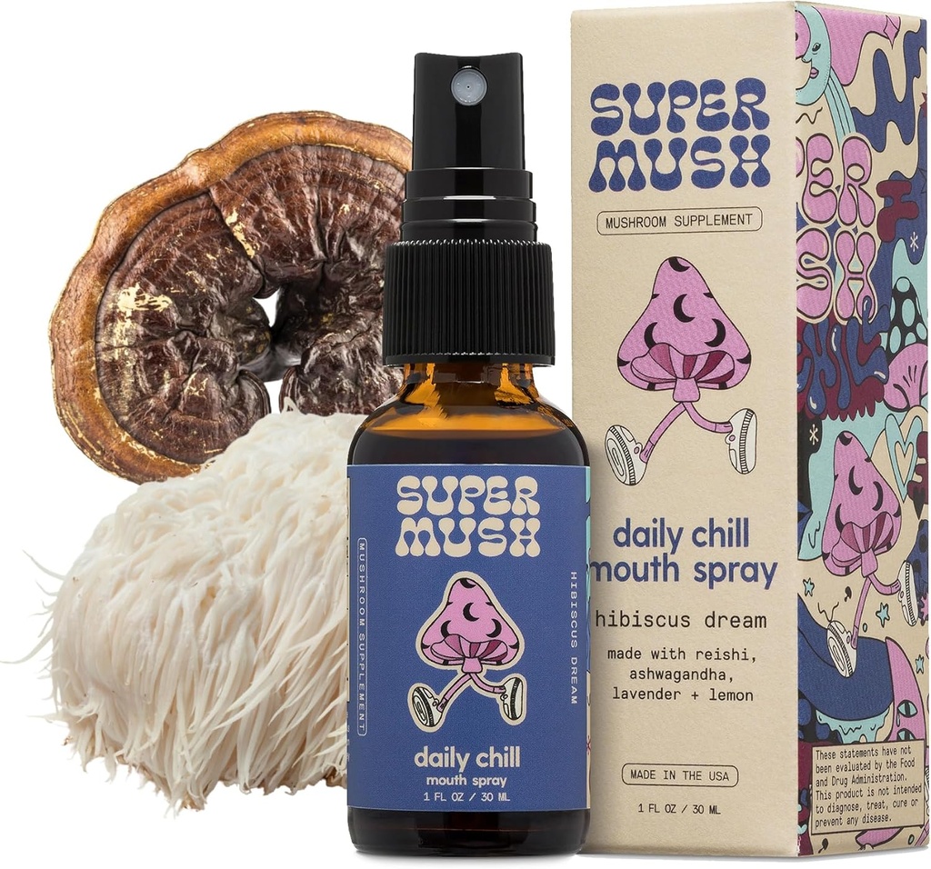 SuperMush Daily Chill Mondspray - Mushroom Spray Supplement Reishi - Hibiscus & Ashwagandha Mixed Paddestoelen Extract Pure Liquid Sprays - Stress Relief, Relaxing & Calming - 30ml Biologische Leeuwen Mane