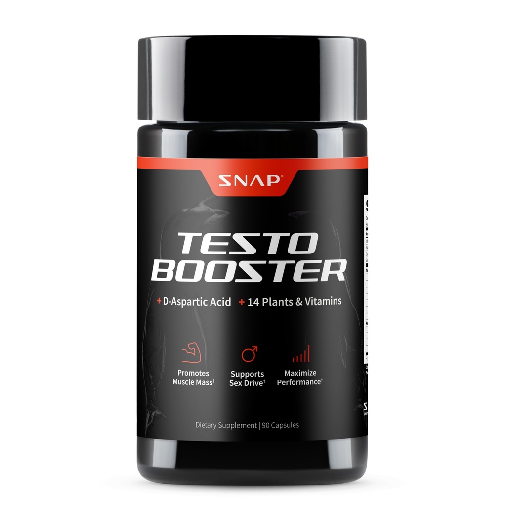 Snap Supplementen Testosteron Booster voor mannen - bevordert spiergroei, Booster voor mannen, het verbeteren van natuurlijke energie, uithoudingsvermogen en sterkte, 90 capsules (30 porties, 1 maand levering)