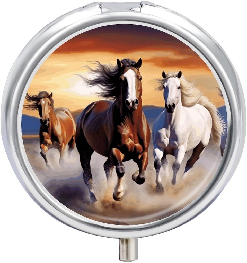 Round Pill Box Running Horses Printed 3 Compartment Small Pill Case Portable Travel Pill Container to Hold Supplements Vitamins Fish Oil Medication