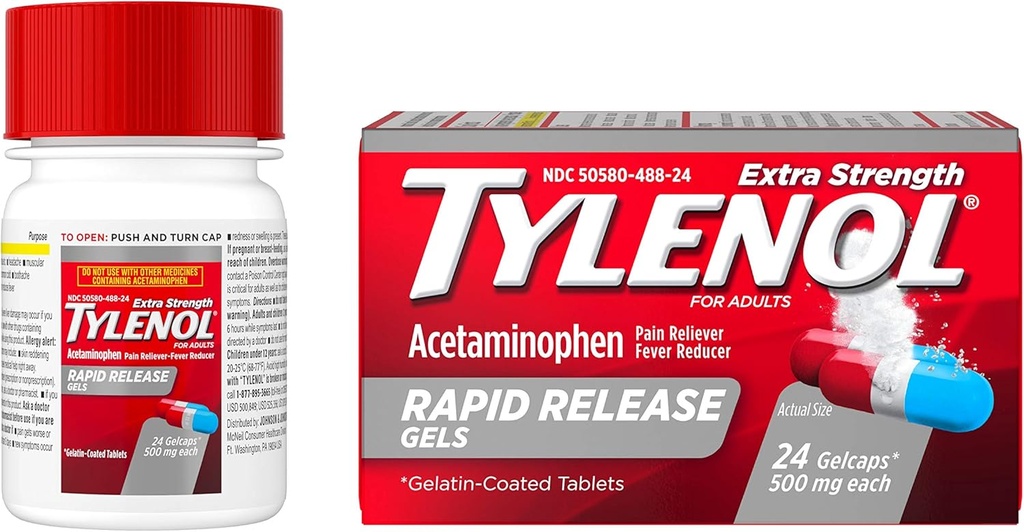 Tylenol Extra sterkte Acetaminofen Rapid Release Gels, Pain Reliver & Fever Reducer, 24 st.