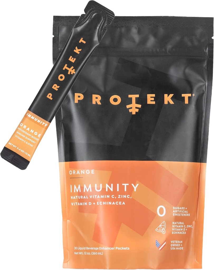 Protekt Immunity - Immune Support Liquid Formula met Zink en Vitamine C - Natuurlijke, Suikervrije Antioxidant en Vitamine Drink Mix Packets - Verpakking van 30 - Oranje