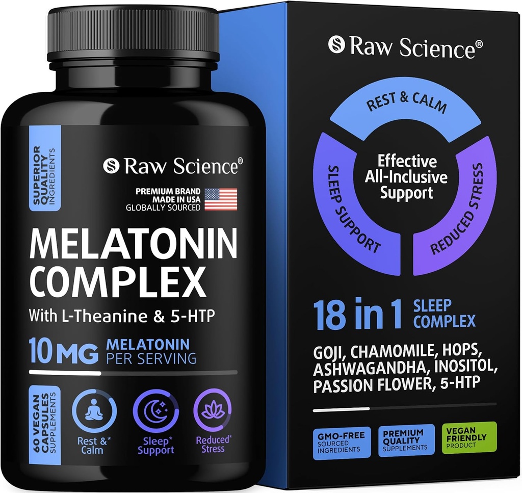 Melatonine 10mg slaapsupplement - L Theanine, GABA Kalm, L-Tryptofaan - Diepe slaapsupplementen voor volwassenen met Ashwagandha, Passiebloem, citroenbalsem, kamille, Magnesium slaapondersteuning - 60 capsules