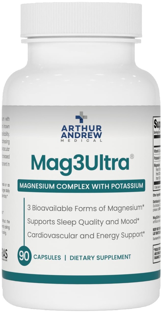 Arthur Andrew Medical, Mag3Ultra Triple Magnesium Supplement, Sucrosomial, Bisglycinate, Taurate for Muscle, Stress, Mood, Zenuw, Bone & Heart Support, 90 Capsules
