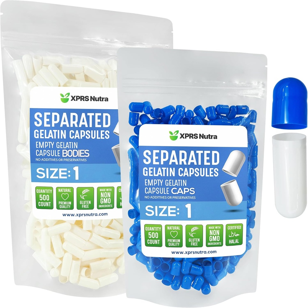 XPRS Nutra Maat 1 Gelatine Gescheiden Capsules- 500 Telle Lege Pillen Capsules gescheiden in zakken - Lege Pillen Leeg voor DIY supplement vullen (Blauw/Wit)