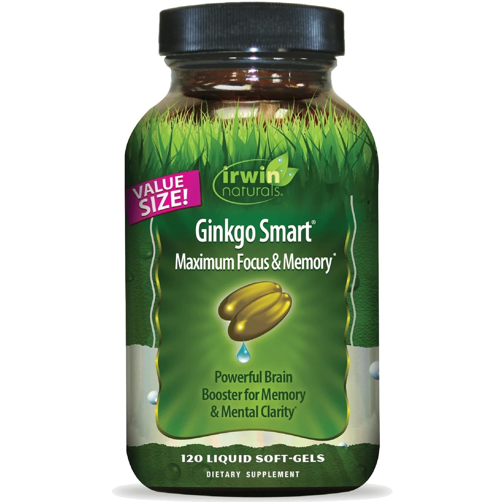 Irwin Naturals Ginkgo Smart Powerful Nootrope Brain Booster - Ondersteunt maximale geheugen, focus en geestelijke helderheid met DMAE, Clubmoss, Choline & Acetyl L-Carnitine - 120 Liquid Softgels