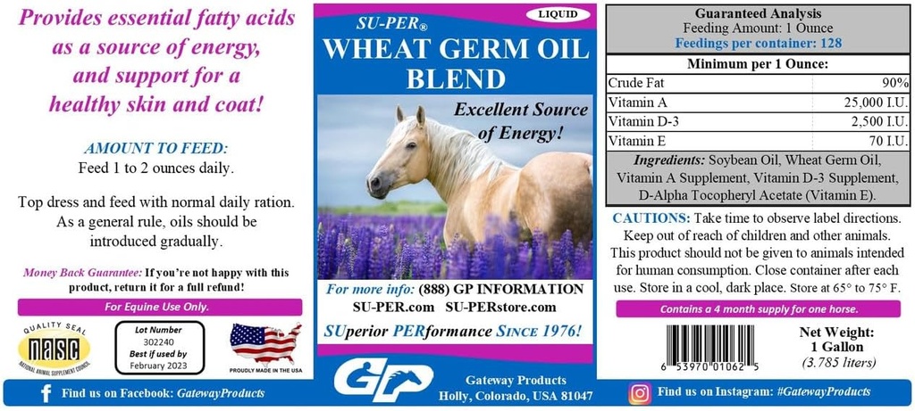 SU-PER Tarwekiemolie Blend voor paarden - Ondersteunt energie, duurzaamheid, uithoudingsvermogen, gezonde huid en jas - essentiële vetzuren, vitaminen en mineralen - 1 gallon + pomp, 4 maanden levering