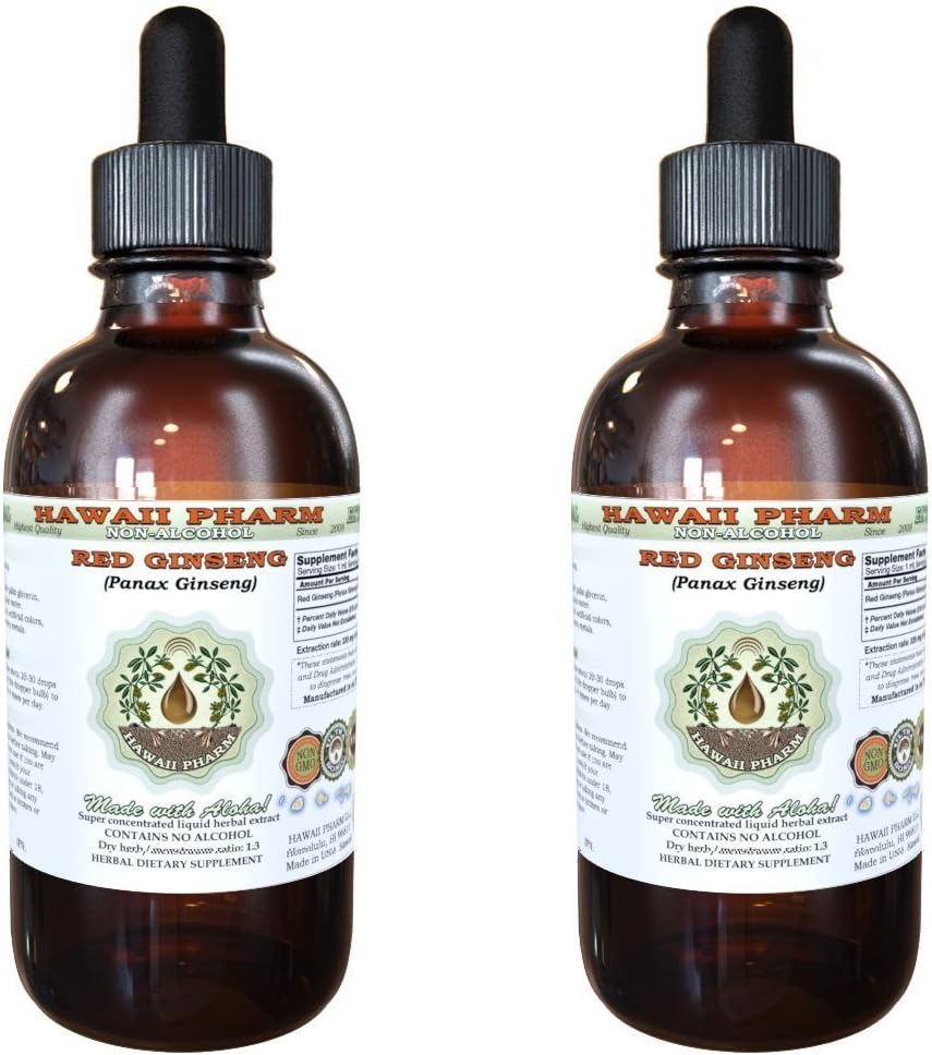 Rode Ginseng Alcoholvrije Liquid Extract, Biologische Rode Ginseng (Panax Ginseng) Gedroogde Wortel Glyceriet Natuurlijke Kruidensupplement, Hawaii Pharm, USA 2x4 fl.oz